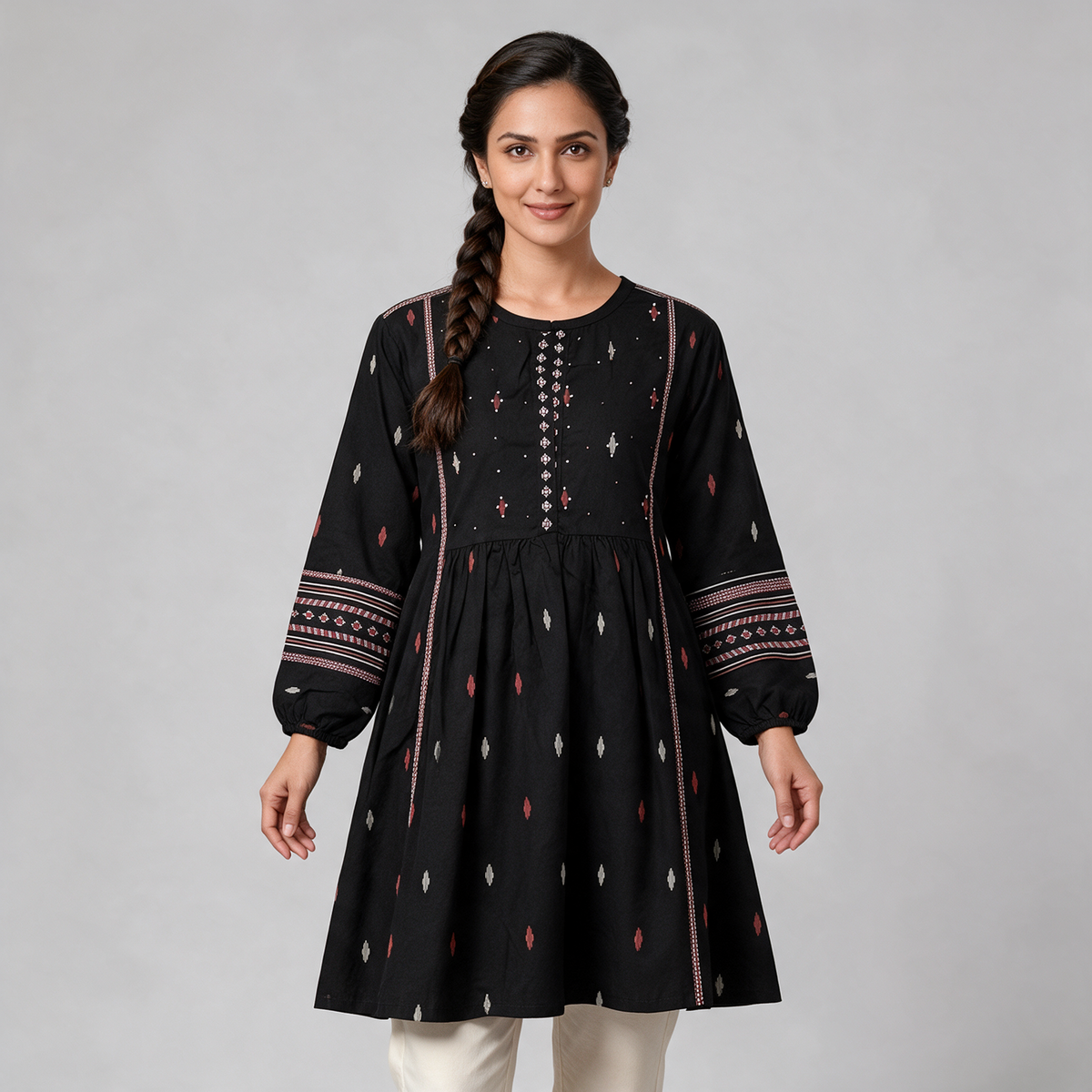 Women's Balloon Sleeve Short Kurti with Buti Motifs - Black