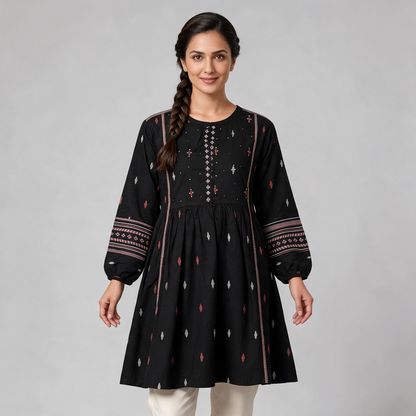 Women's Balloon Sleeve Short Kurti with Buti Motifs - Black