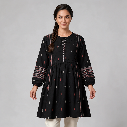 Women's Balloon Sleeve Short Kurti with Buti Motifs - Black