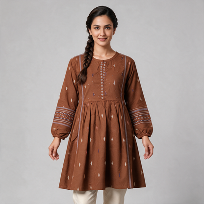 Women's Balloon Sleeve Short Kurti with Buti Motifs - Brown