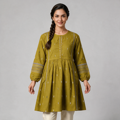 Women's Balloon Sleeve Short Kurti with Buti Motifs - Green