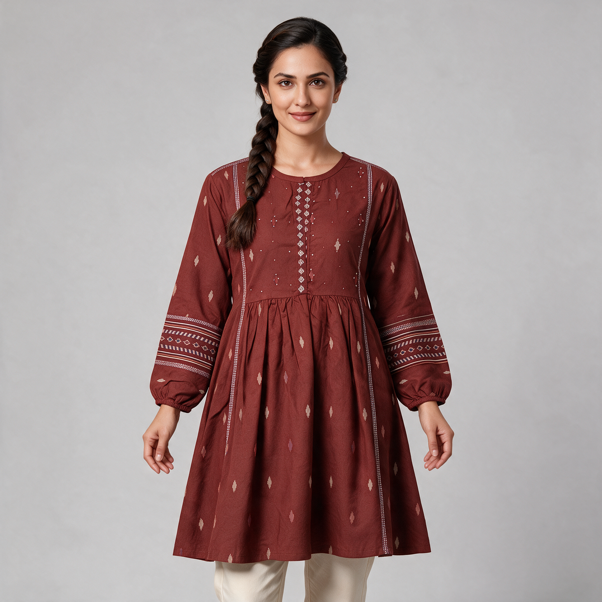 Women's Balloon Sleeve Short Kurti with Buti Motifs - Maroon