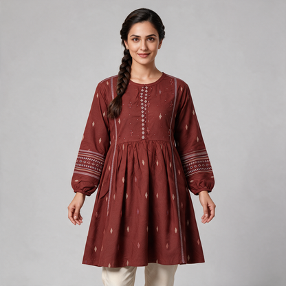 Women's Balloon Sleeve Short Kurti with Buti Motifs - Maroon