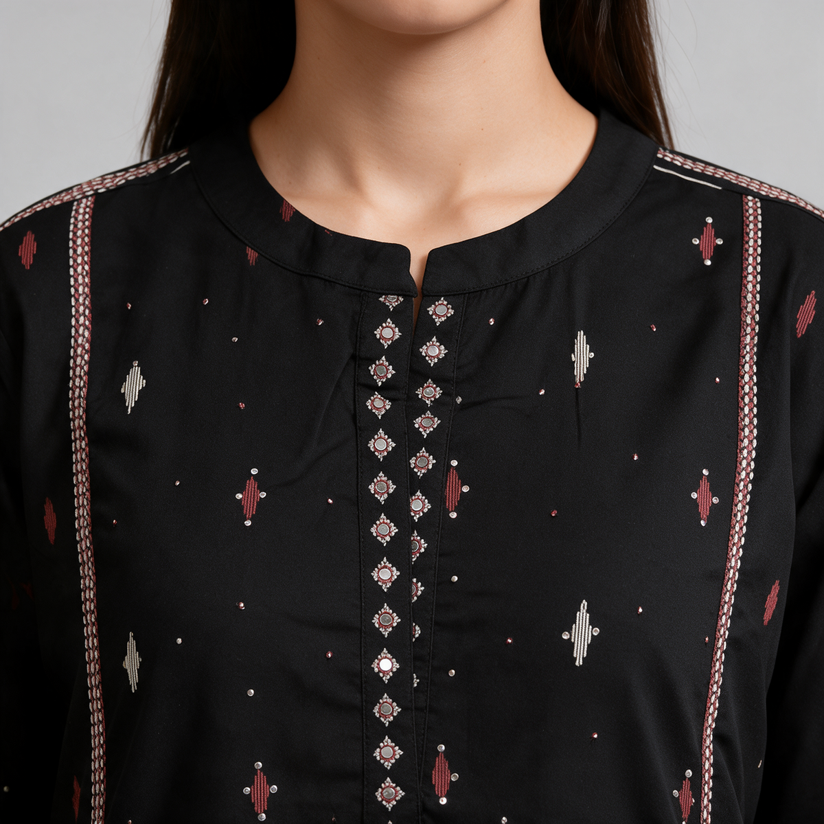 Women's Balloon Sleeve Short Kurti with Buti Motifs - Neckline
