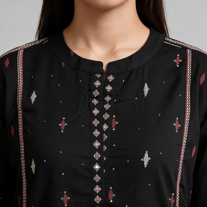 Women's Balloon Sleeve Short Kurti with Buti Motifs - Neckline