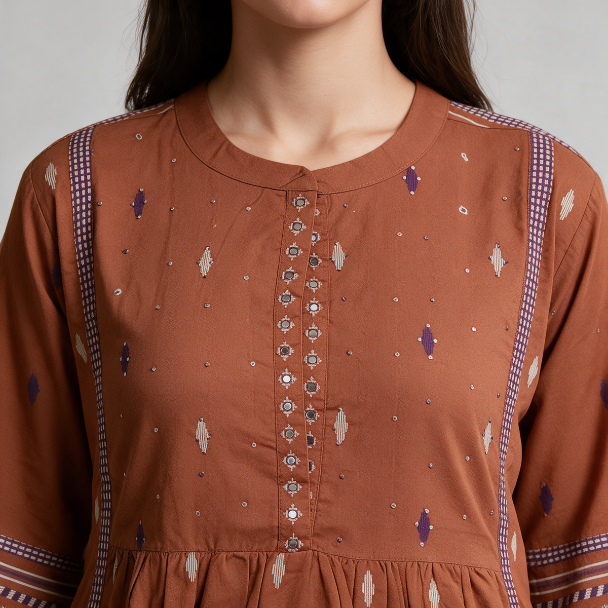 Women's Balloon Sleeve Short Kurti with Buti Motifs - Neckline