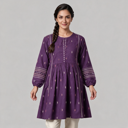 Women's Balloon Sleeve Short Kurti with Buti Motifs - Purple
