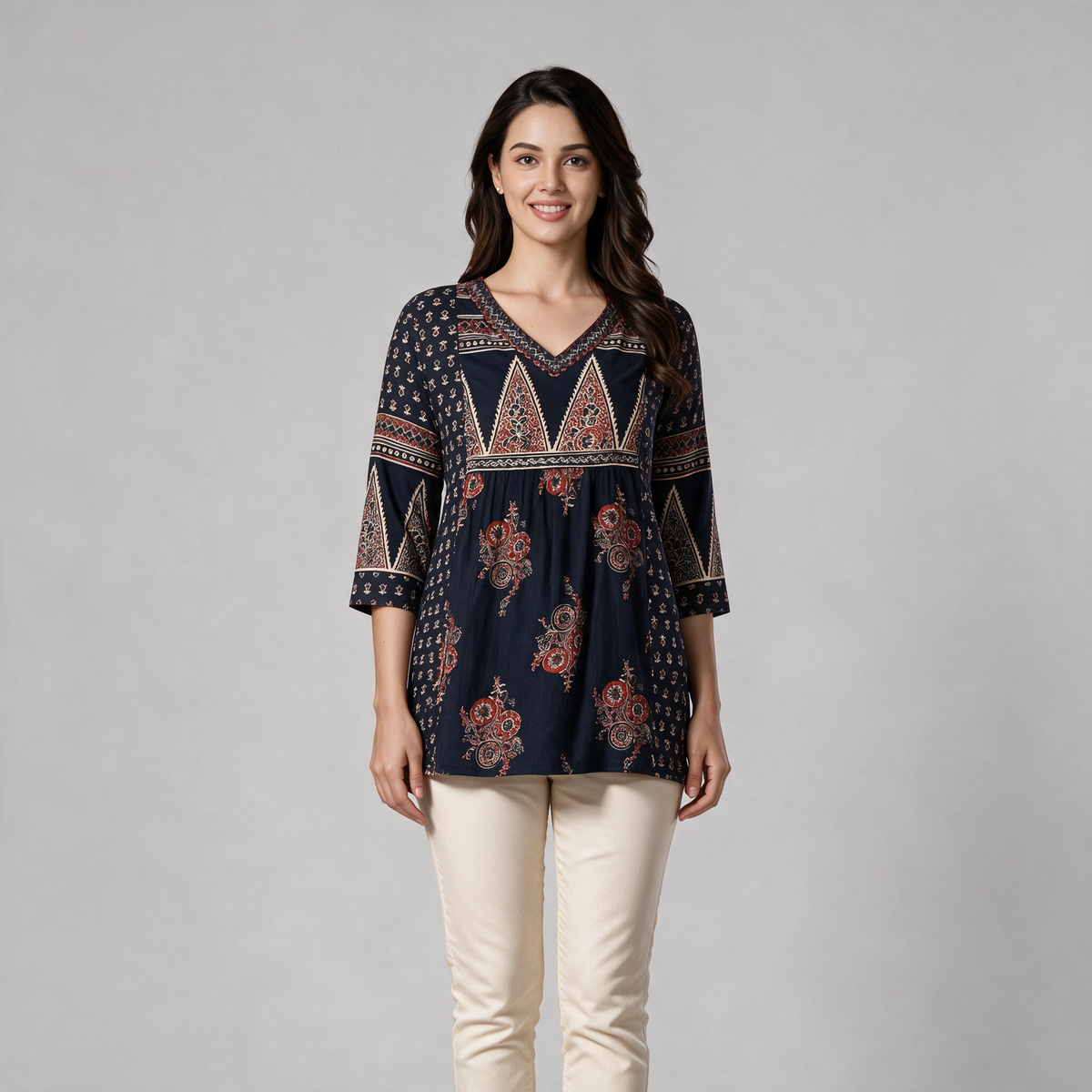 Women's Block Print V-Neck Short Kurti - Blue
