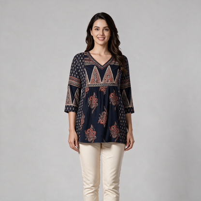 Women's Block Print V-Neck Short Kurti - Blue