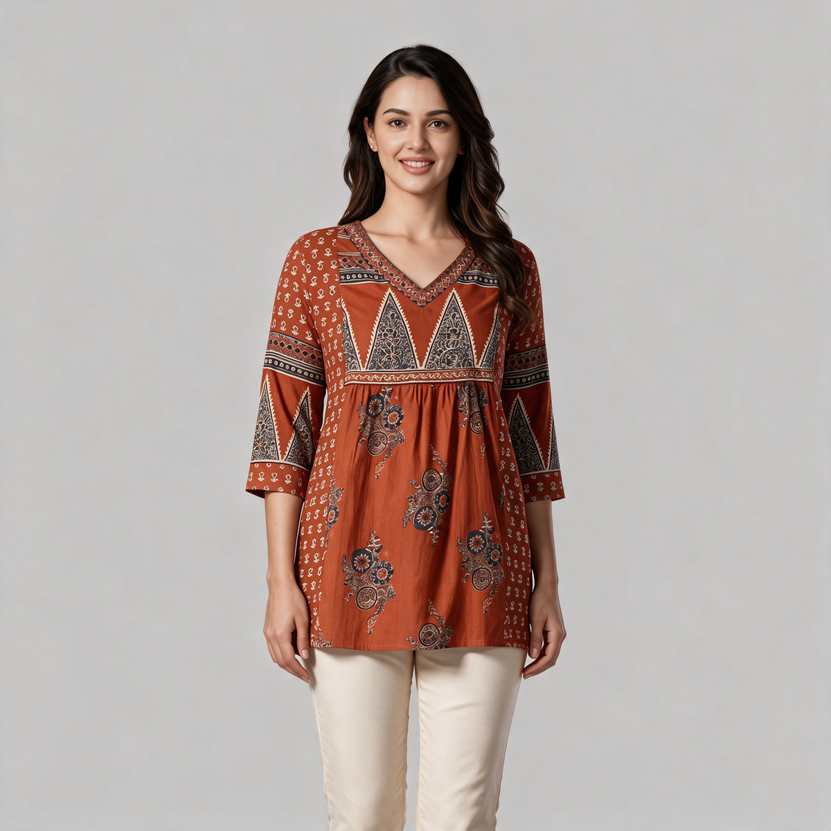 Women's Block Print V-Neck Short Kurti - Brown
