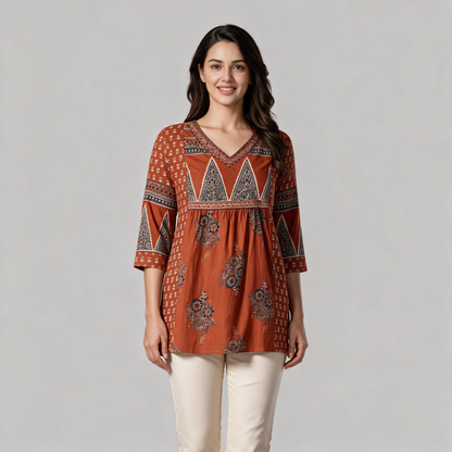 Women's Block Print V-Neck Short Kurti - Brown