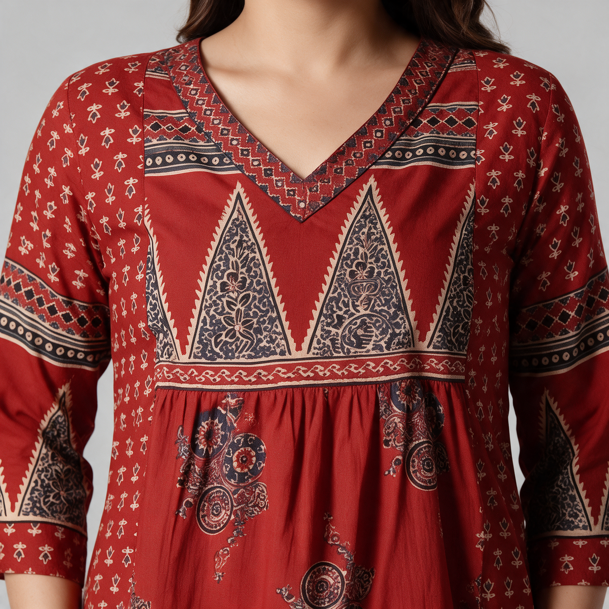 Women's Block Print V-Neck Short Kurti - Neckline