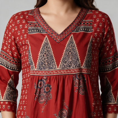Women's Block Print V-Neck Short Kurti - Neckline