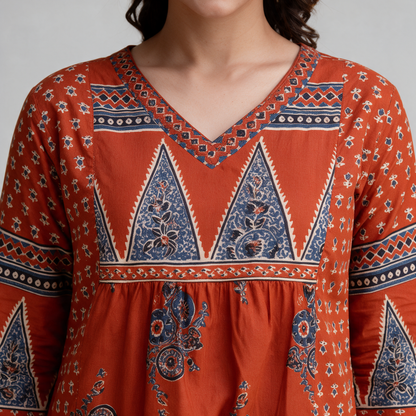 Women's Block Print V-Neck Short Kurti - Neckline