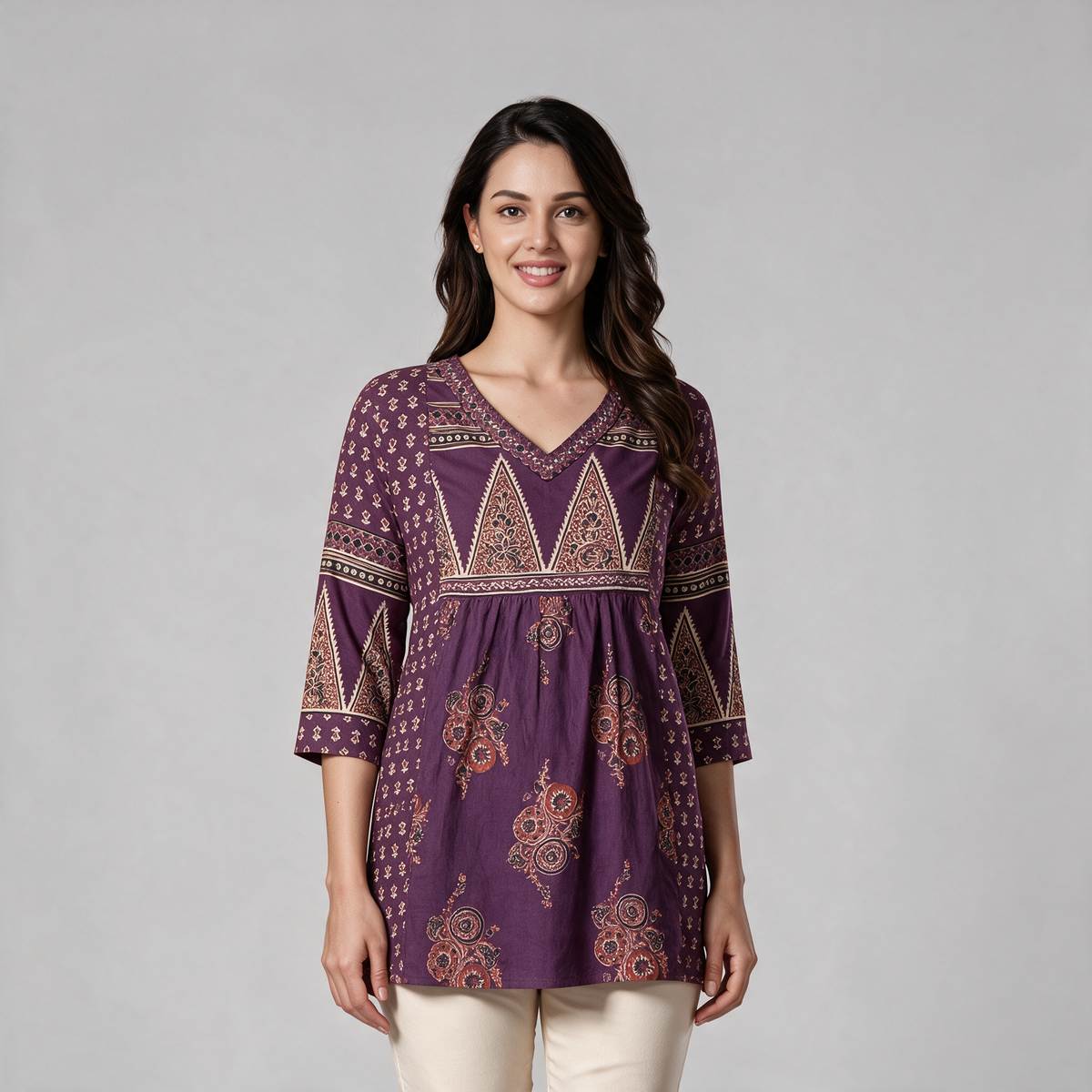 Women's Block Print V-Neck Short Kurti - Purple