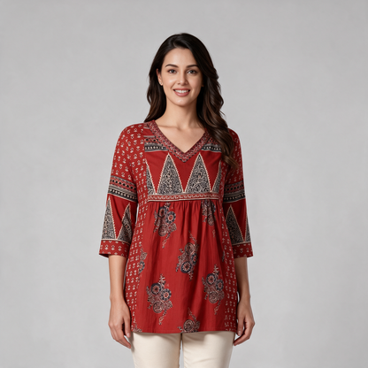 Women's Block Print V-Neck Short Kurti - Red