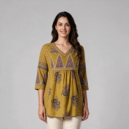 Women's Block Print V-Neck Short Kurti - Yellow