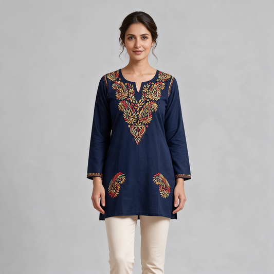 Women's Paisley Embroidered Short Kurti - Blue
