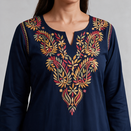 Women's Paisley Embroidered Short Kurti - Neckline