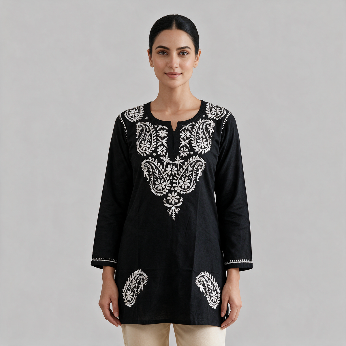 Women's Chikankari Embroidered Short Kurti - Black