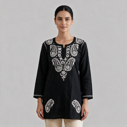 Women's Chikankari Embroidered Short Kurti - Black