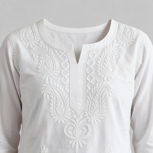 Women's Chikankari Embroidered Short Kurti - Neckline