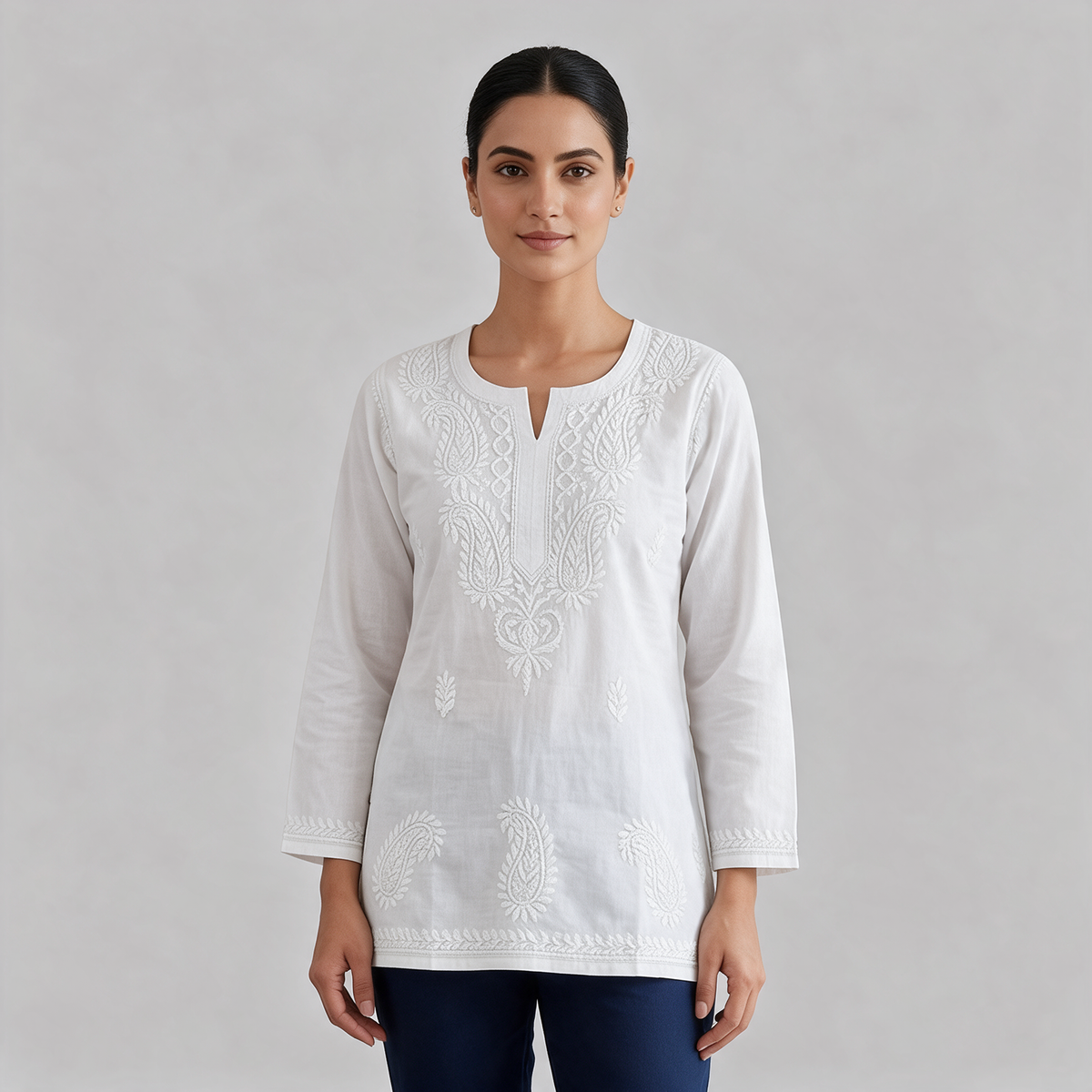 Women's Chikankari Embroidered Short Kurti - White