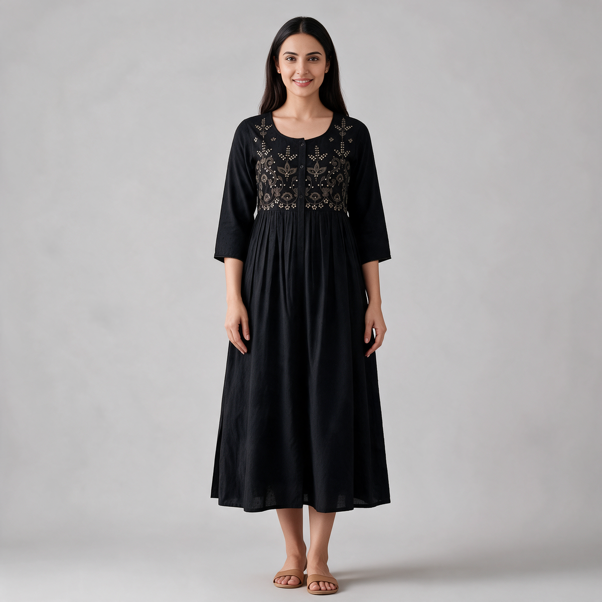 Women's Floral Embroidered Long Dress - Black
