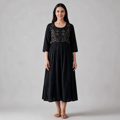 Women's Floral Embroidered Long Dress - Black