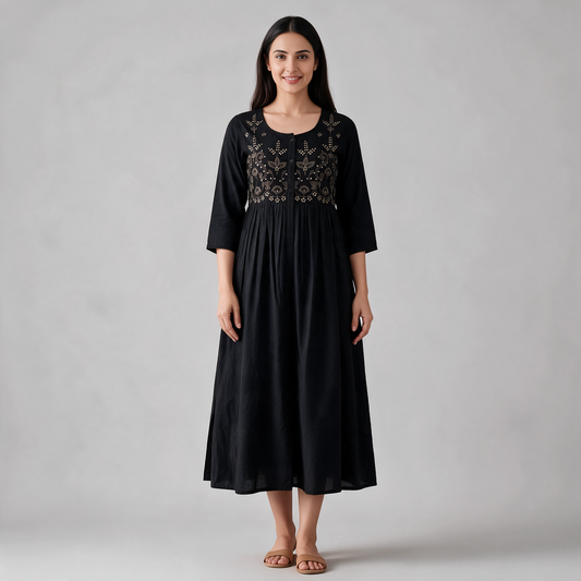 Women's Floral Embroidered Long Dress - Black