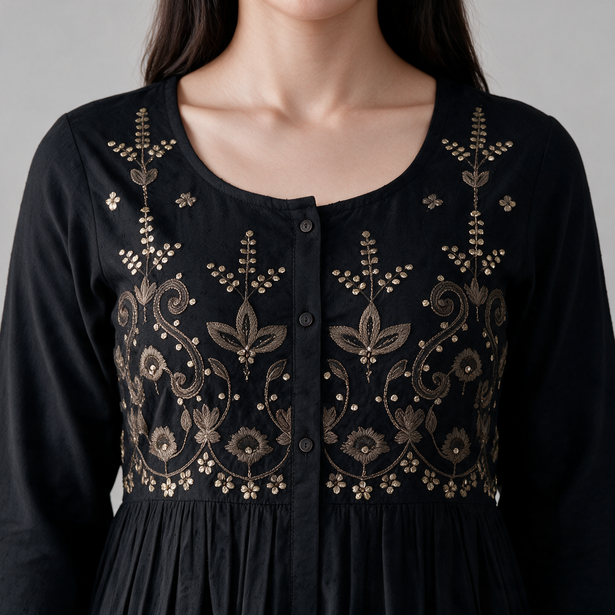 Women's Floral Embroidered Long Dress - Embroidery