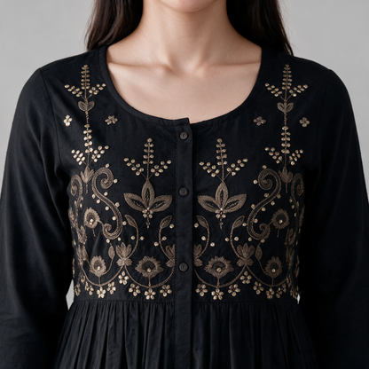Women's Floral Embroidered Long Dress - Embroidery