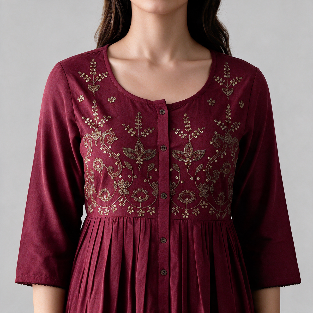 Women's Floral Embroidered Long Dress - Embroidery