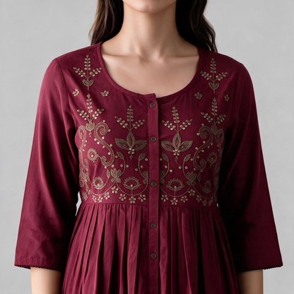 Women's Floral Embroidered Long Dress - Embroidery