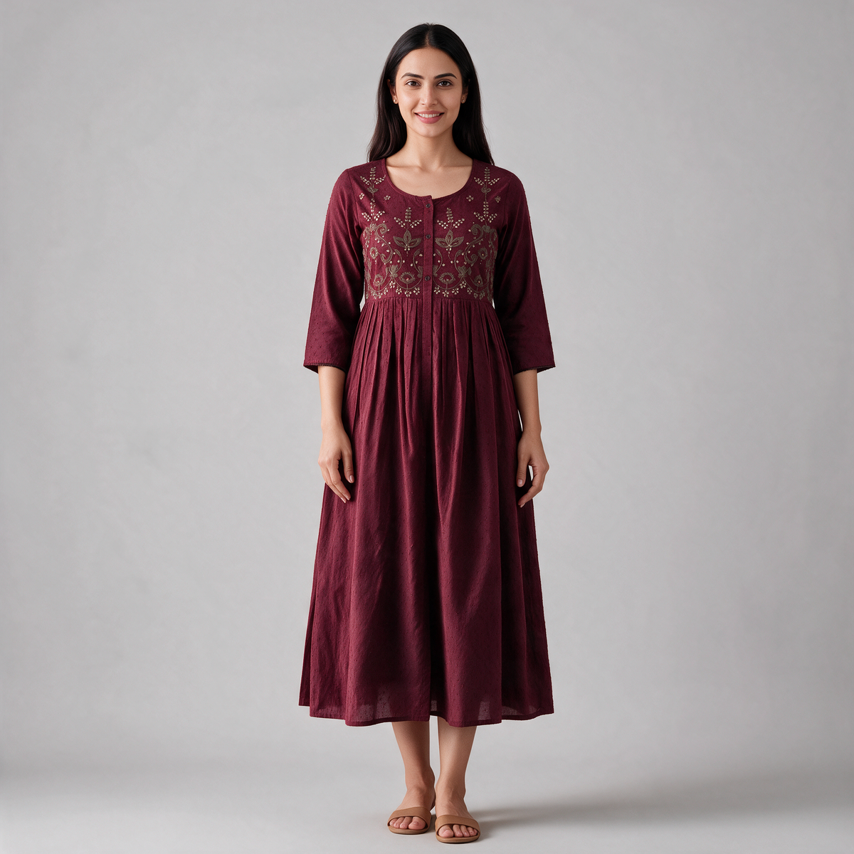Women's Floral Embroidered Long Dress - Maroon
