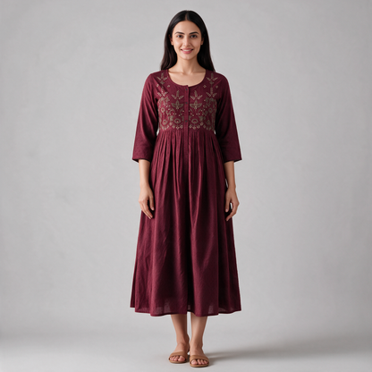 Women's Floral Embroidered Long Dress - Maroon