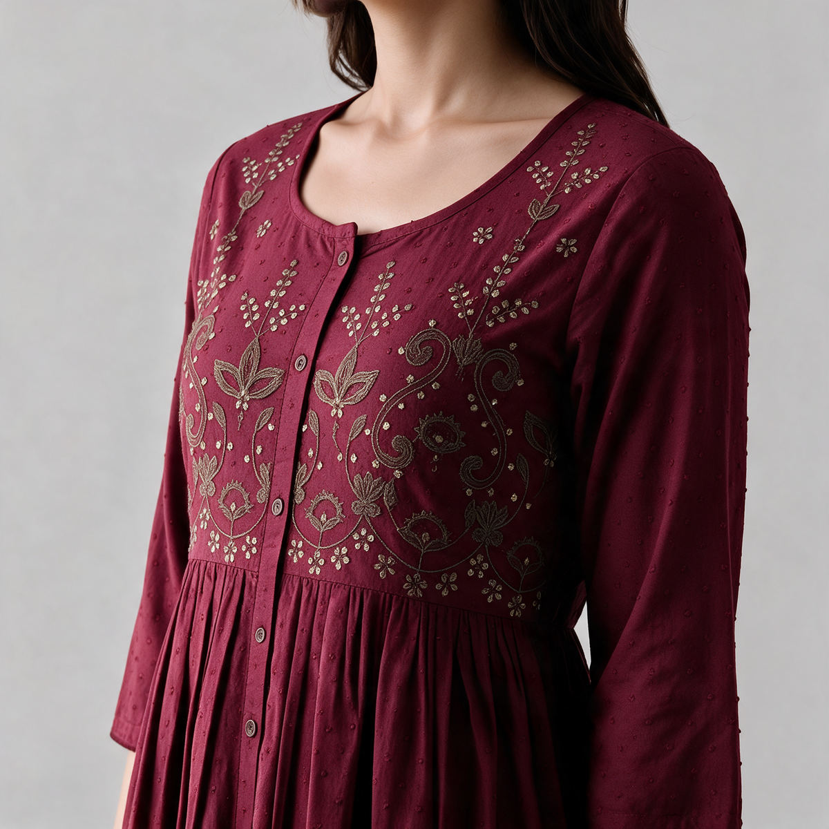 Women's Floral Embroidered Long Dress - Neckline