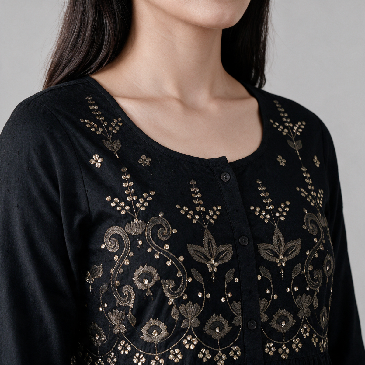 Women's Floral Embroidered Long Dress - Neckline