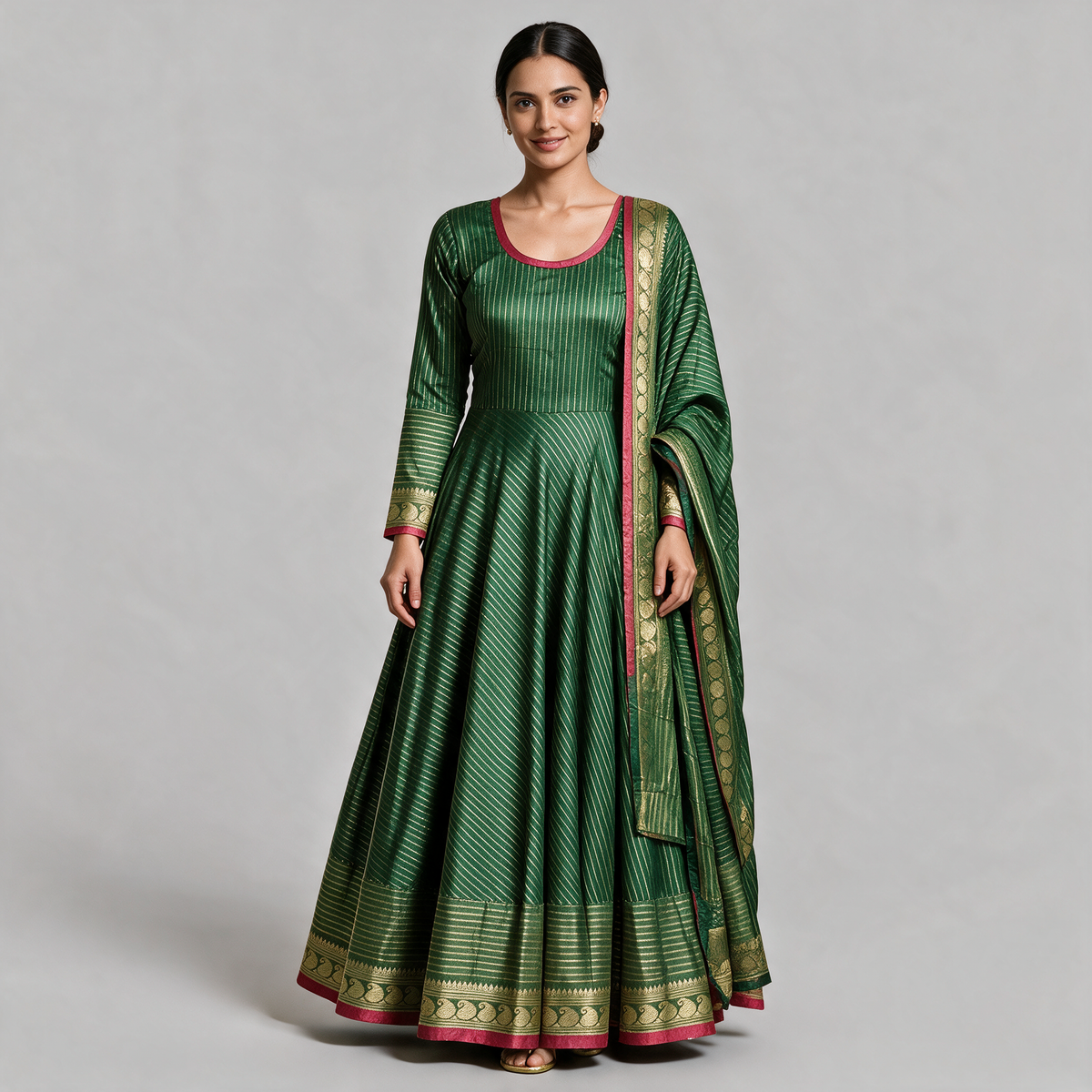 Women's Gold Stripe Anarkali Gown with Dupatta - Green