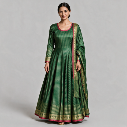 Women's Gold Stripe Anarkali Gown with Dupatta - Green