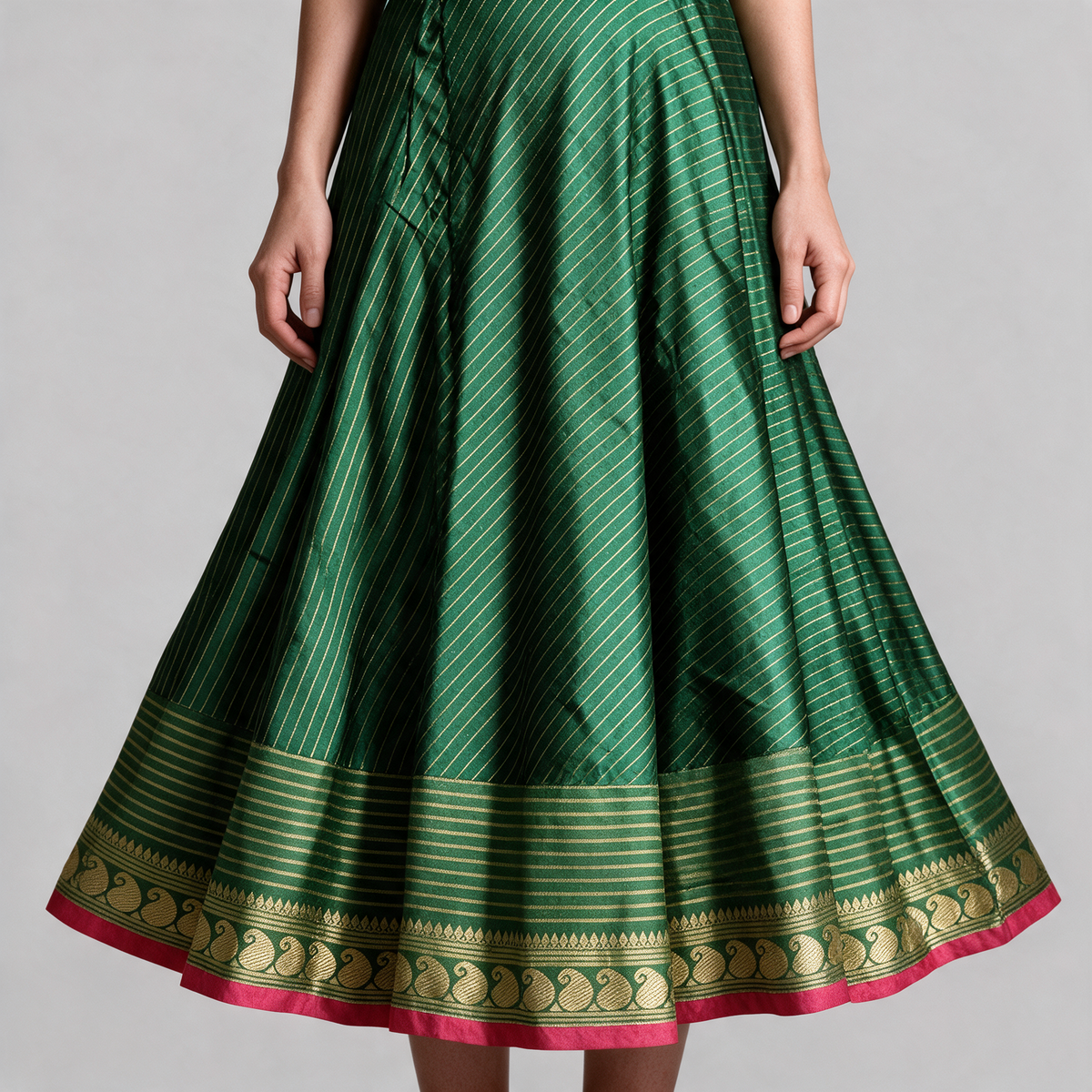 Women's Gold Stripe Anarkali Gown with Dupatta - Hem