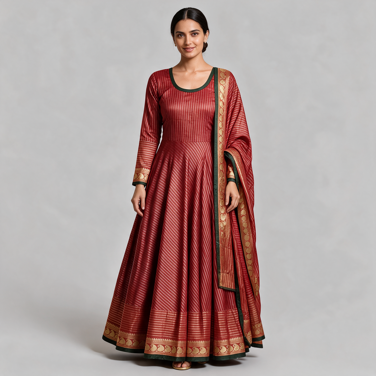 Women's Gold Stripe Anarkali Gown with Dupatta - Red