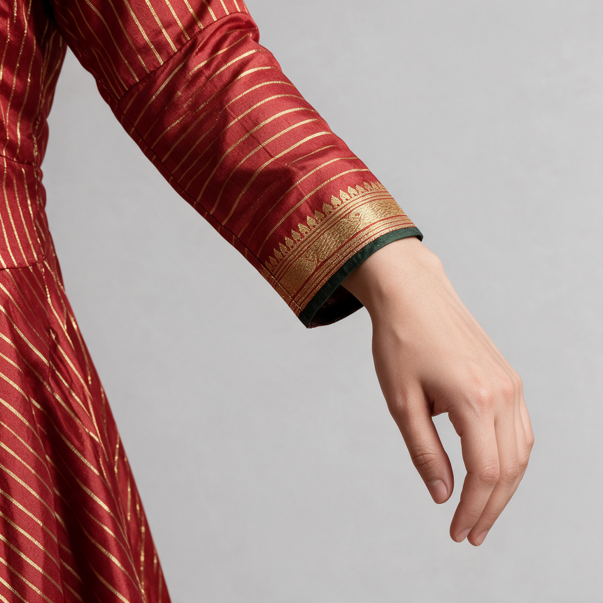 Women's Gold Stripe Anarkali Gown with Dupatta - Sleeve