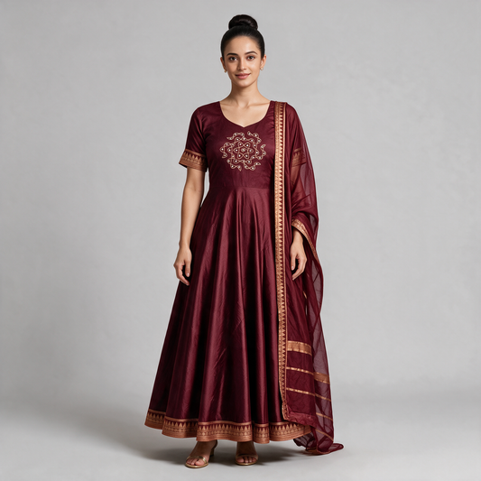 Women's Mandala Embroidered Anarkali Gown with Dupatta - Maroon