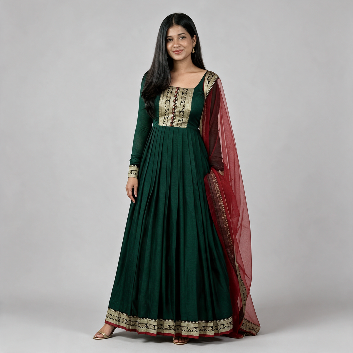 Women's Brocade Panel Anarkali Gown with Dupatta - Green