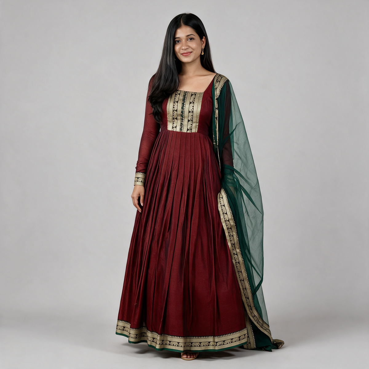 Women's Brocade Panel Anarkali Gown with Dupatta - Maroon