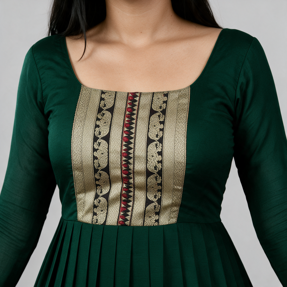 Women's Brocade Panel Anarkali Gown with Dupatta - Neckline