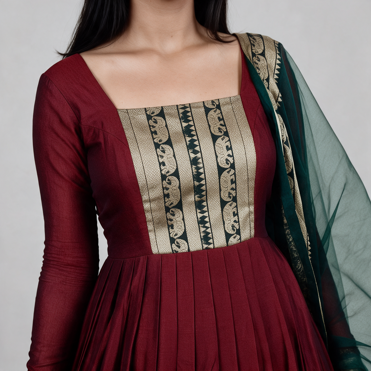 Women's Brocade Panel Anarkali Gown with Dupatta - Neckline