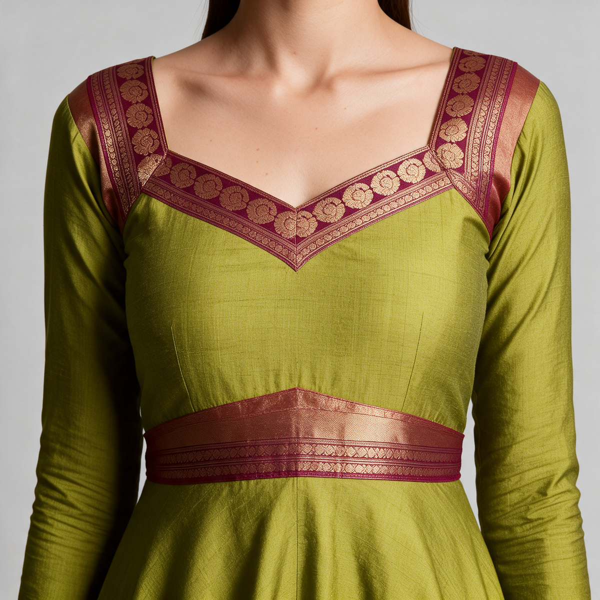 Women's Brocade Panel Anarkali Gown with Dupatta - Neckline