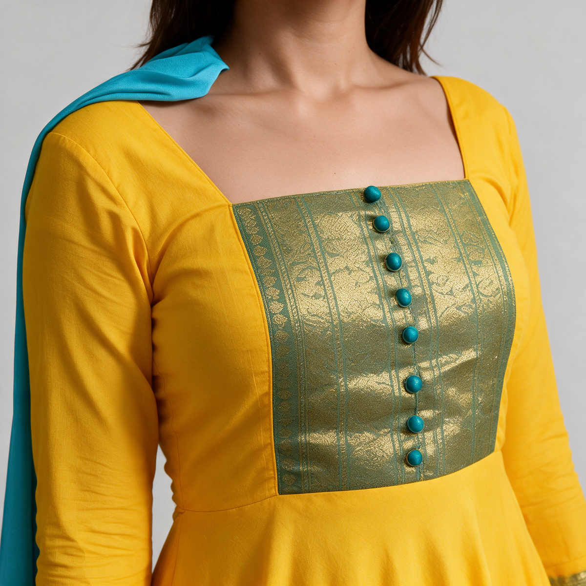 Women's Brocade Panel Anarkali Gown with Dupatta - Neckline